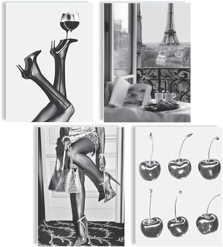mojoliving Fashion Poster Set 4er Set Schwarz Weiß Wandbilder Mode Frauen Wein Paris Kirschen A4 Kunstdrucke elegant modern Wanddeko Schlafzimmer Ankleidezimmer Café Deko