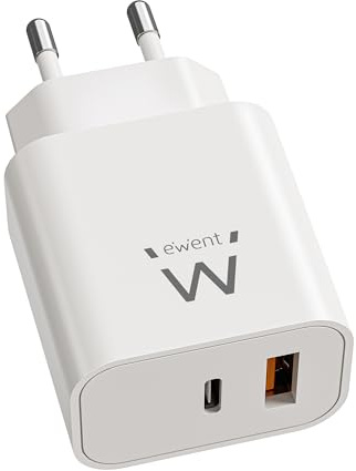 Ewent Cargador USB C, Cargador Rápido GAN Fast 20W, 2 Puertos USB-C PD + USB-A QC3.0, Adaptador de Alimentación USB Multi Carga Rápida para iPhone/iPad/Tablet/Smartphone, Diseño Compacto, Blanco