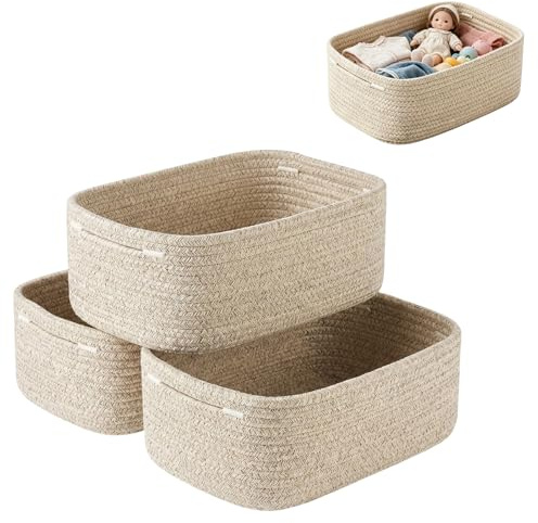 Förvaringskorgar, 30 x 20 x 11 cm hyllkorgar för ordning, vikbar korg flätad bomullsrep, små förvaringskorgar för att organisera hyllor, leksakskorgar, vävda repkorgar, linne