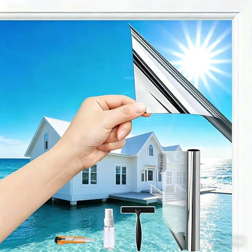 Gutsurge Hitzeschutzfolie Fenster Silber(90X600cm) Sonnenschutzfolie Spiegelfolie UV Folie Sonnenschutz Hitzeschutz innen oder außen Fensterfolie Rückstandslose Selbstklebend Wärmeshutzfolie