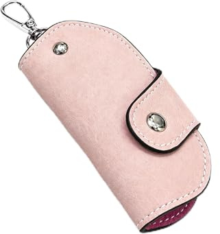 Waoferfio Key Pouch with Rotating Hook, Key Wallet Waterproof Leather Key Holder Pouch Organizer for Car Keys, Door Keys Portable Key Bag with Snap Button Key Case, Unisex (Pink)