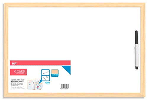 MP-Pizarra Blanca, Rotulador Incluido, Marco Madera Natural, Resistente, Fácil de Borrar, 90x60, Ideal para Colegios, Tiendas, Hogares y Oficinas. Fácil Instalación, para Colgar, No Magnética.