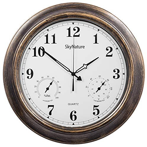 SkyNature Large Outdoor Clock, 45cm Waterproof Garden Clocks with Thermometer and Hygrometer, Silent Non-Ticking Weatherproof Clock, Vintage Metal Decor Clock for Patio, Pool, Lanai, Fence - Bronze