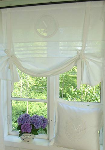 Raff Gardine Mathilde Weiss Rollo 180x100 cm BxH ScheibenGardine Raffrollo Bestickt Monogramm