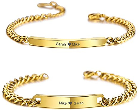 MunkiMix 2 Stück Personalisierte Paar Armbänder Set Benutzerdefinierte Gravur Name für Männer Frauen Freund Freundin Edelstahl Bar Einstellbare Bordstein Link Liebe Beziehung Geschenk