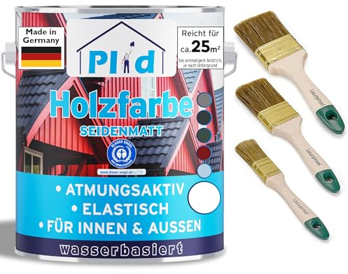 Plid Holzfarbe Weiß 2,5 L Innen & Außen 3er Pinselset | Holzschutzfarbe | Holzlack für Holz, Metall & Hart-PVC | Wetterschutzfarbe | UV-beständig | ca. 50 m² | Made in Germany