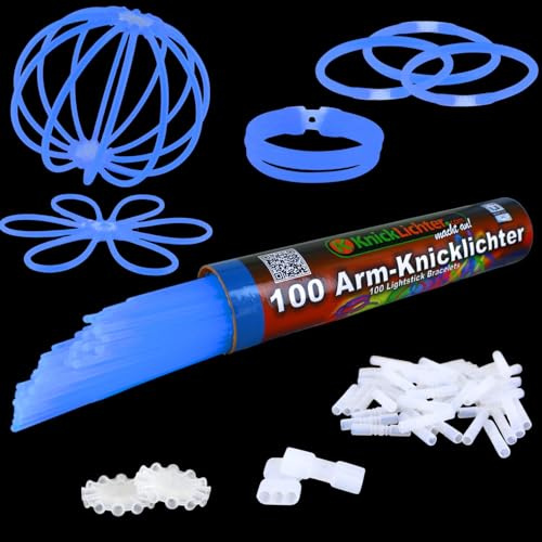 NEON FUN 100 Blaue Arm-Knicklichter Set - inkl. 100 TopFlex Verbinder, 3fach & 2 Kreisverbinder | Lange Leuchtdauer für Party, Basteln & Events, Menge:1 Rolle