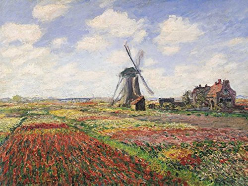Kunstdruck auf Holz, Tulpenfelder mit Windmühle, Monet Claude, horizontales Bild, Tulpenfelder mit Windmühlen, 89 x 107 cm
