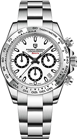 Pagani Design Classic Cronografo multifunzione da uomo Acciaio inossidabile giapponese VK63 Movimento al quarzo Tester Homage Daytona 100m Orologio da lavoro di lusso impermeabile (white-1727)