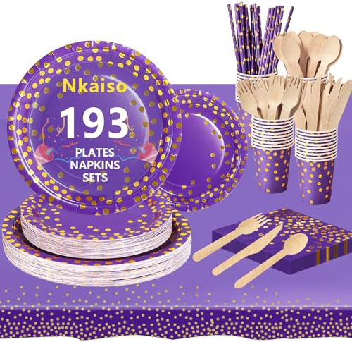 Nkaiso 193 Stück Lilagold Pappteller Partygeschirr Set -24 Gäste | Party Teller Einweg Set mit Pappteller Becher Geschirr für Geburtstag, Hochzeit, Jubiläums