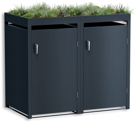 Metzler Mülltonnenbox in Anthrazit mit Pflanzdach 2er Tonnen, Kapazität bis 240L, witterungsbeständiger und pulverbeschichteter Stahl mit Automatikdeckel, abschließbar, Tonnenhaus, Garten- und Müllbox