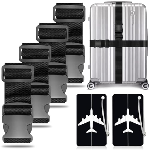 4 Stück Koffergurt Kofferband Gepäckgurt Einstellbare Kofferband mit 2 Stück Kofferanhänger, Gepäckband für Schnell erkennen Gepäck Reisetasche Koffer