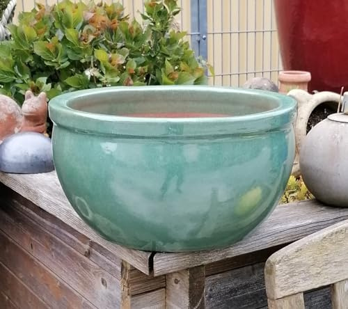 Generisch Winterfester Blumentopf/Pflanzschale ca. 34 cm Durchmessser, grün glasierte Keramik Steingut Garten Deko Blumenkübel Pflanztopf