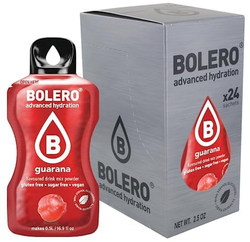 Bolero GUARANA 24x3 | Jus en poudre sans sucre, édulcoré à la stévia + vitamine C | pour enfants et sportifs | sans gluten, végétalien | Goût guarana