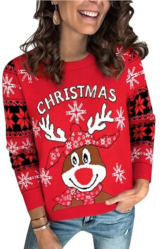Uniexcosm Maglia Natale Donna Renna Maglieria Donna Autunno Inverno Maglioni Donna Natalizi Elegante Xmas Maglione Pullover da Donna Rosso L