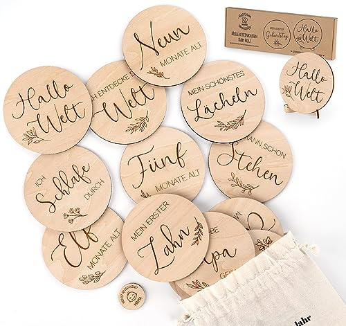Tarjetas de hitos de madera para bebé en alemán, 30 momentos importantes en madera de tilo seleccionada, incluye práctico soporte, regalos para nacimiento y baby shower para embarazadas, futuras