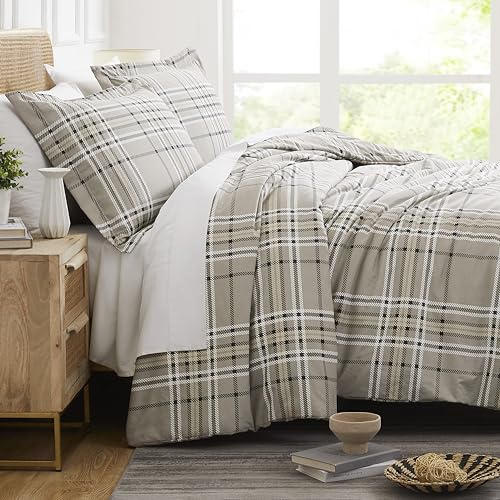 Southshore Fine Living, Inc. Oversized Plaid Duvet Cover Full/Queen Set, Checkered Bedding, Greige Queen Size/Full Size Duvet Cover, 2 Pillow Shams, Easy Care and Lightweight - Vilano Plaid Mocha