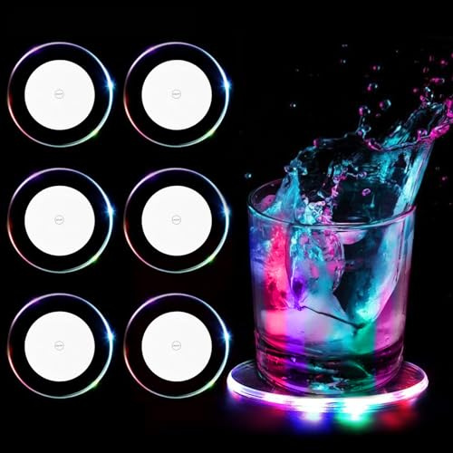 6 Piezas Posavasos LED de Colores Diámetro 10 cm Luminosos para Bebidas Acrílico Redondo Transparente Impermeable Luces de Ambiente Posavasos Luminosos para Vasos Botellas Fiestas Bodas Bar Navidad