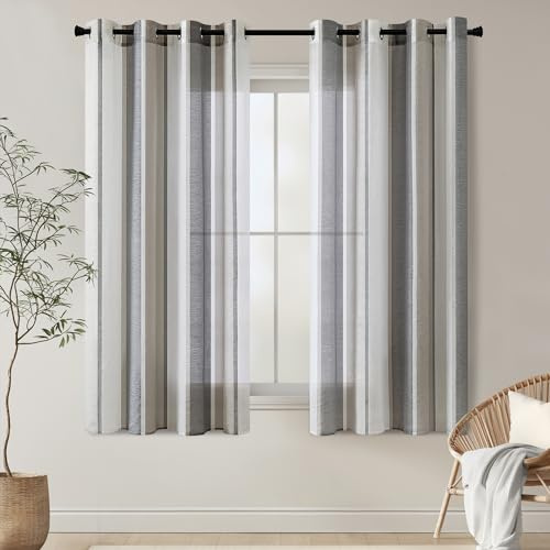 EMEMA Transparenta randiga gardiner med genomföringar voile gardiner vardagsrum moderna set med 2 gardiner sovrum transparent med mönster halvtransparent gardin ränder 140 x 175 cm vit och mörkgrå