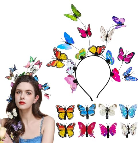 EUPSIIU Diadema Mariposas y 8 Piezas Horquillas Mariposas Pelo Niña, Tocado de Mariposa Mujer Accesorios Pelo, Diadema de Mariposa de Hada, Disfraz de Mariposa Hada para Carnaval Fiesta