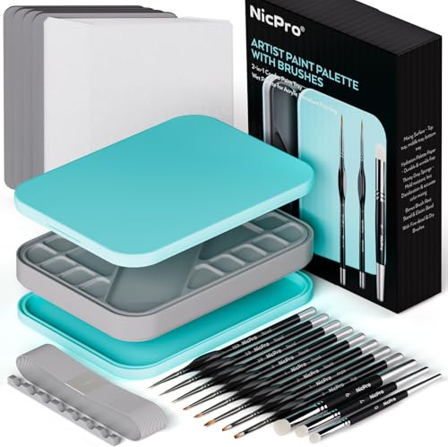 Nicpro set pittura con tavolozza per dipingere, 11 pennelli per dettagli, secco, 100 fogli di carta, 4 spugne, porta pennelli, wet palette per miscelare la vernice, per la pittura di modelli