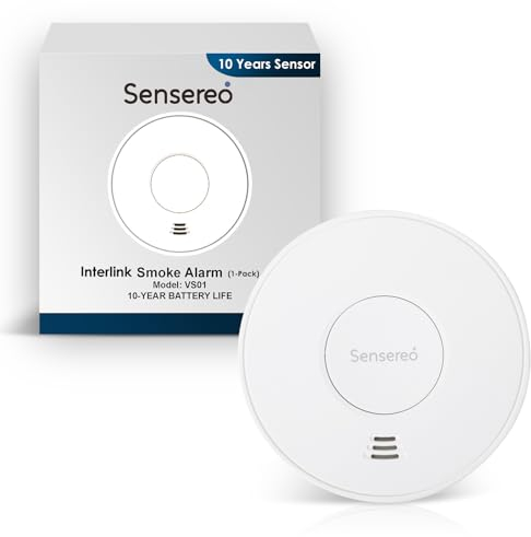 Sensereo Drahtlos vernetzter Rauchmelder, Rauchdetektor, Feuermelder mit 10-Jahres-Batterie & LED-Anzeige, 250 m Übertragungsreichweite, CE EN14604 Zertifiziert (RF-verlinkt (1er-Pack))