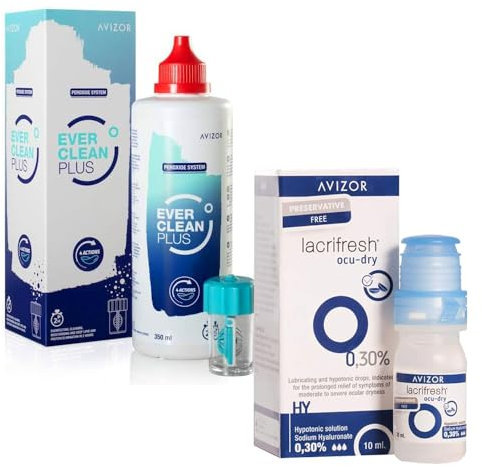 Avizor EverClean Plus 350ml + 45 comprimidos y Lacrifresh Ocu-Dry 0.30% 10ml - Solución de Limpieza y Gotas Lubricantes para Lentes de Contacto y Ojos Secos