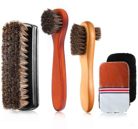 Shoe Polish & Shine Kit - 3 Professional Brushes & 2 Polish Gloves | Complete Leather Care Set for Men's & Women's Shoes, Boots, Horsehair & Soft Bristle