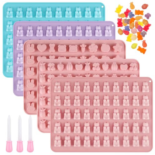 Silikonformen Backen, Gummibärchen Formen 5 PCS Süßigkeiten-Silikonformen Machen Set Schokoladenform Pralinenformen Herz Stern Bär Formen mit 3 Dropper für Süßigkeiten, Schokolade, Gelee