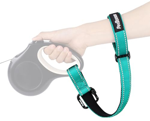 PetBonus Dog Leash Wrist Strap with Lockable Clip for Dog Retractable Leash | Adjustable Soft Padded Handle, Reflective, Escape Proof, Heavy Duty, Extra Layer Security for Pet Stroller, Turquoise