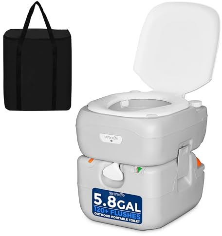 SereneLife Inodoro portátil para exteriores con bolsa de transporte, inodoro de viaje con indicador de nivel de residuos, asas integradas, tapa de tamaño adulto, válvula de drenaje doble sellada,