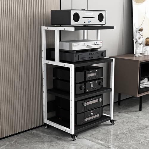 GUAWJRZDP Audio Rack Hi Fi Regal, Hi Fi Regal Aus Holz, Hi Fi Rack Mit Höhenverstellbarem Regal, Beweglicher Record Player Stand, Offener Phonoschrank, for Unterhaltung(White+Black,4-Tier)
