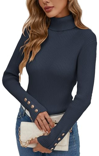 Famulily Winter Cozy Warm Turtleneck Sweaters for Ladies, Button Long Sleeve Slim Stretch Jumpers Pullover Tops (S, Navy)