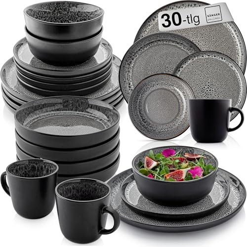 SÄNGER Sydney | Kombiservice 6 Personen, Teller Set Kaffeebecher Pastaschale 30 tlg, Steingut Geschirr Set spülmaschinen- mikrowellen- kratzfest, Geschirrset aus Steingut dunkel grau| VALUE COLLECTION