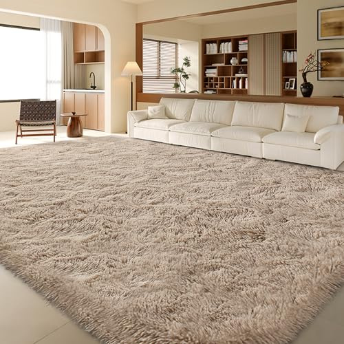 FinRèc 9x12 Feet Tan Rugs for Living Room Bedroom, Fluffy Plush Area Rug, Non-Slip High Pile Shaggy Rug for Kids Room Dorm Room Home Decor, Indoor Solid Shag Floor Carpet