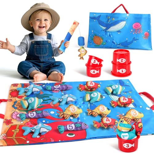 jerryvon Baby Spielzeug ab 1 Jahr - Montessori Angelspiel ab 1 2 Jahr Kinderspielzeug Sensorik Lernspiele für Kinder, Motorikspielzeug Fische Angeln Spiel Geschenke für Mädchen und Junge Spielzeug