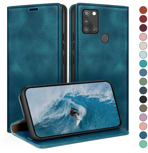 HUOUH für Samsung Galaxy A21S Hülle mit RFID Schutzhülle aus Lederhülle Handyhülle,Kartenfach Leder ständer Handy hülle,360 Grad Schutz Cover für Samsung A21S Klapphülle Wallet Case Türkis