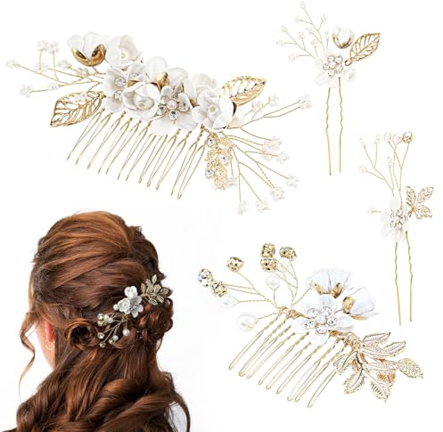 LNQ LUNIQI 4 Stück Hochzeit Haarkamm Braut Haarschmuck Strass Brautschmuck Perlen Haarseitenkämme Kopfbedeckung Brautkamm Weiß für Braut Brautjungfer