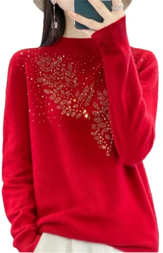 Maglione da donna in 100% lana merino, collo alto, tinta unita, maglia con strass, maglione top, Ramo Rosso, M
