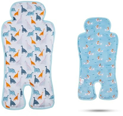 LAT Colchoneta Verano Silla Paseo, Reversible Funda Carro Bebe Universal con Almohadilla Refrigerante de Gel, Cojín Reductor Silla Paseo para Cochecito y Asiento (Dinosaurio+Cachorro)