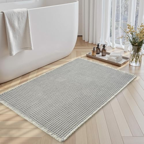 SIXHOME Rutschfest, Anti-Schimmel, saugfähige Waffel-Badematte, 40x60 cm, grau-weiß, waschbar