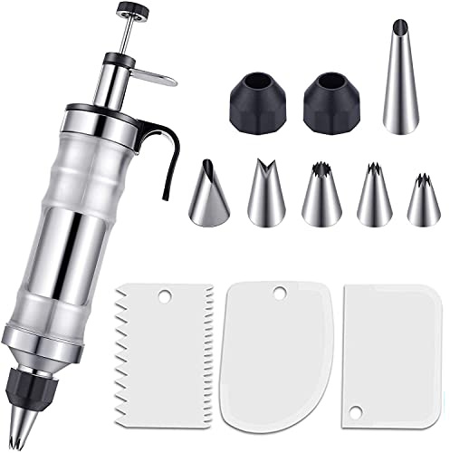 Dessert Decorating Syringe Set, Icing Piping Kit Stainless Steels Cake Decorating Tools 14 Professional Piping Nozzles Piping Tips Cupcake Making Equipment Decorating Kit for Cupcakes and Baking