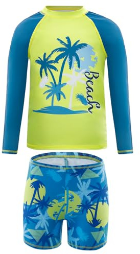 Cheerful Mario Bañador Niño con Manga Larga UV Protección Solar Camiseta de baño y Pantalones de natación para Surf Piscina Playa Árboles 7-8 Años