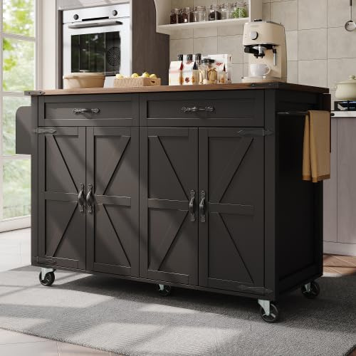 Moimhear Kücheninsel, Küchenwagen mit ausziehbarer Arbeitsplatte, Küchenschrank mit 2 Schiebetüren und 3 Schubladen, mit Holzmaserung, Schwarz (140x73x93cm)