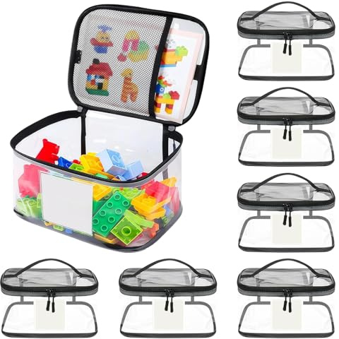 GAESHOW Set di 6 sacchetti portaoggetti in PVC trasparente per giocattoli, con cerniera e scomparti a rete, sacchetti di immagazzinaggio riutilizzabili per puzzle, blocchi e bambole (B)