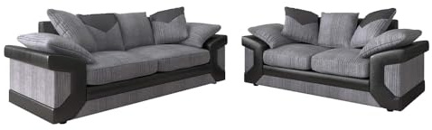 Dino 3+2 Sofa Set | Leather & Jumbo Cord 5 Seater Sofa Suite | Grey & Black Scatter Back 3 Seater & 2 Seater Couch | Modern Living Room Furniture (3+2 Seater)