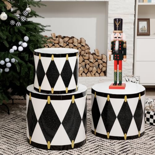 Spiareal 3 tambores de papel de cartón de Navidad grandes de 18, 16, 14 pulgadas para patrón clásico de tambor de cascanueces, decoración de festivales de Navidad (serie blanca y negra)