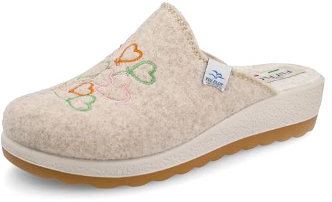 Fly Flot Ciabatta Donna in Vera Lana con Cuori, Sottopiede in Panno, Suola in Poliuretano Piumatec 4,5cm, Beige, 38 EU