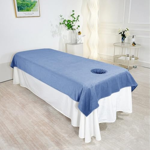Surwin Drap pour Table de Massage avec Trou, Housse Table de Soin Esthetique Doux Lavable Drap Housse de Protection en Éponge pour Lit de Massage pour Esthetique, SPA (90 * 200cm,Bleu foncé)