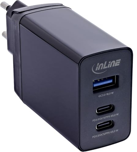 Inline 31516D TravelCharge 3-portars 65 W strömförsörjning med GaN-teknik, 2 USB-C-portar (PD3.0, PPS, QC4+), 1 USB-A-port (QC3.0), EU/UK/US reseadapter, svart
